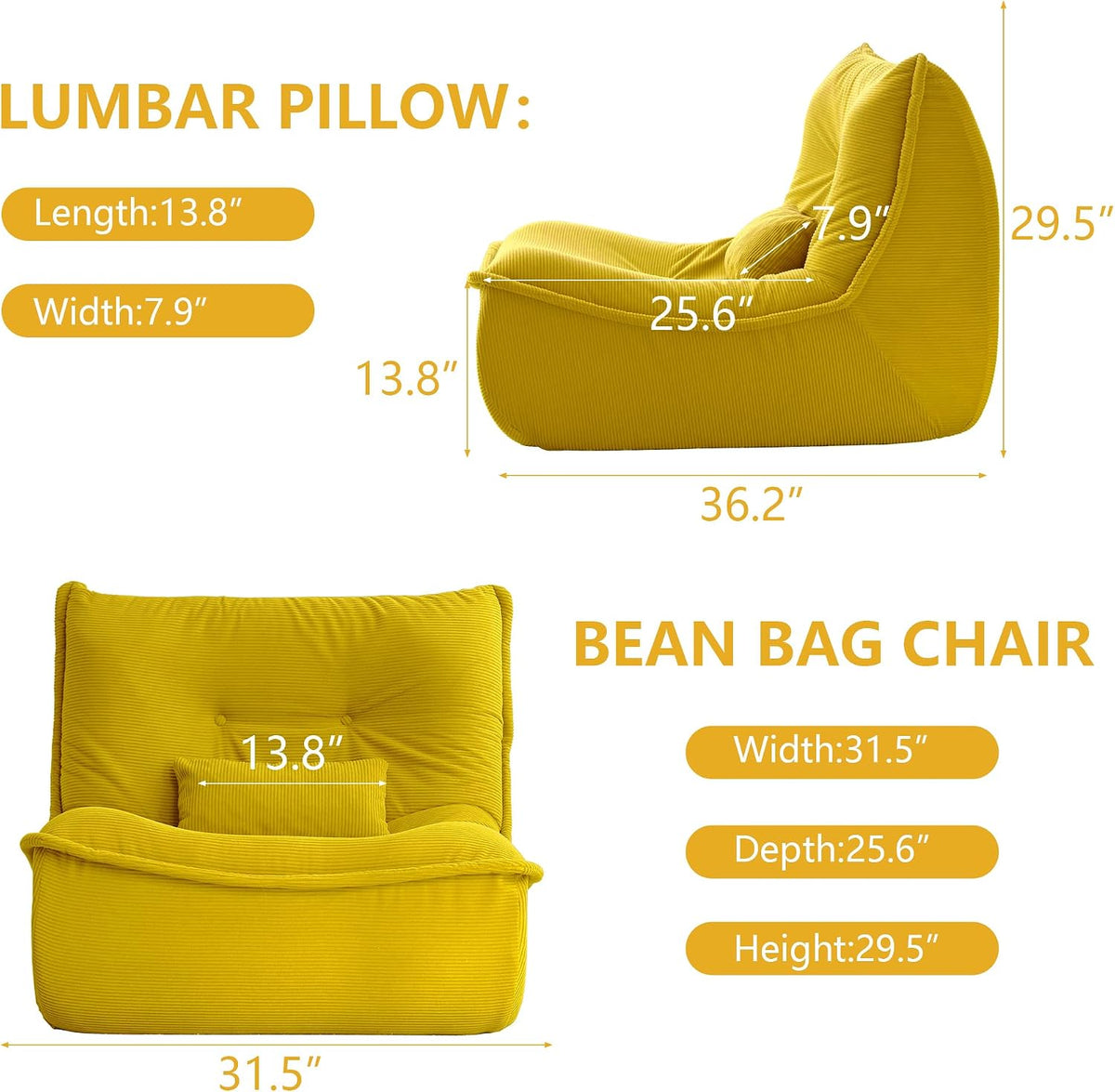 Bean Bag Chair for Adults, Single Lounge Chair with Lumbar Pillow, Comfy Floor Sofa with High-Resilience Foam, Lazy Accent Chair for Living Room, Bedroom, Apartment, Or Reading Corner, Yellow