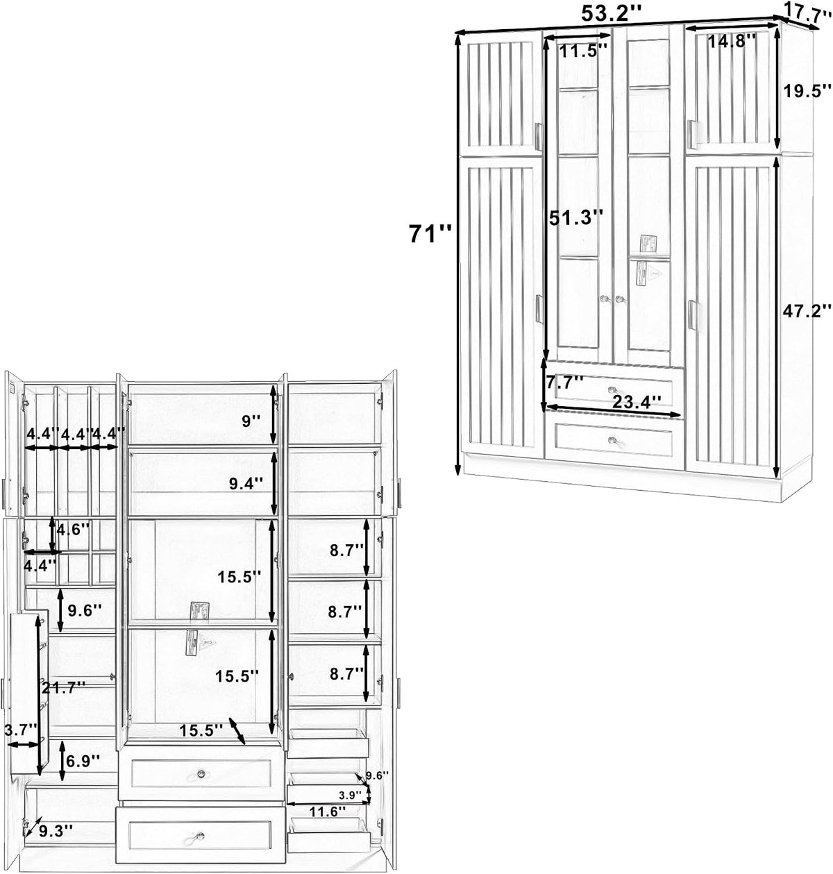 Kitchen Pantry with 6-Door, Drawers, Adjustable Shelves, Pull-Out, White | Spacious 53.2" freestanding sideboard with 6 doors, white finish, ideal for dining area, hallway, or living room display