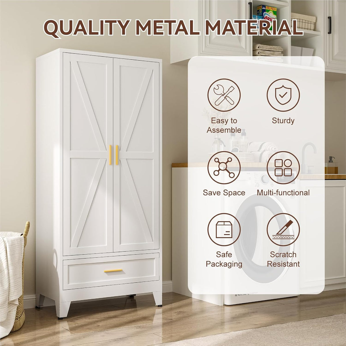 Metal Wardrobe Closet Hanging Rod 71" Tall, Heavy Duty Steel Armoire Wardrobe Cabinet, Clothing Storage Cabinet for Bedroom, Office, Laundry Room, 1 Drawer, White