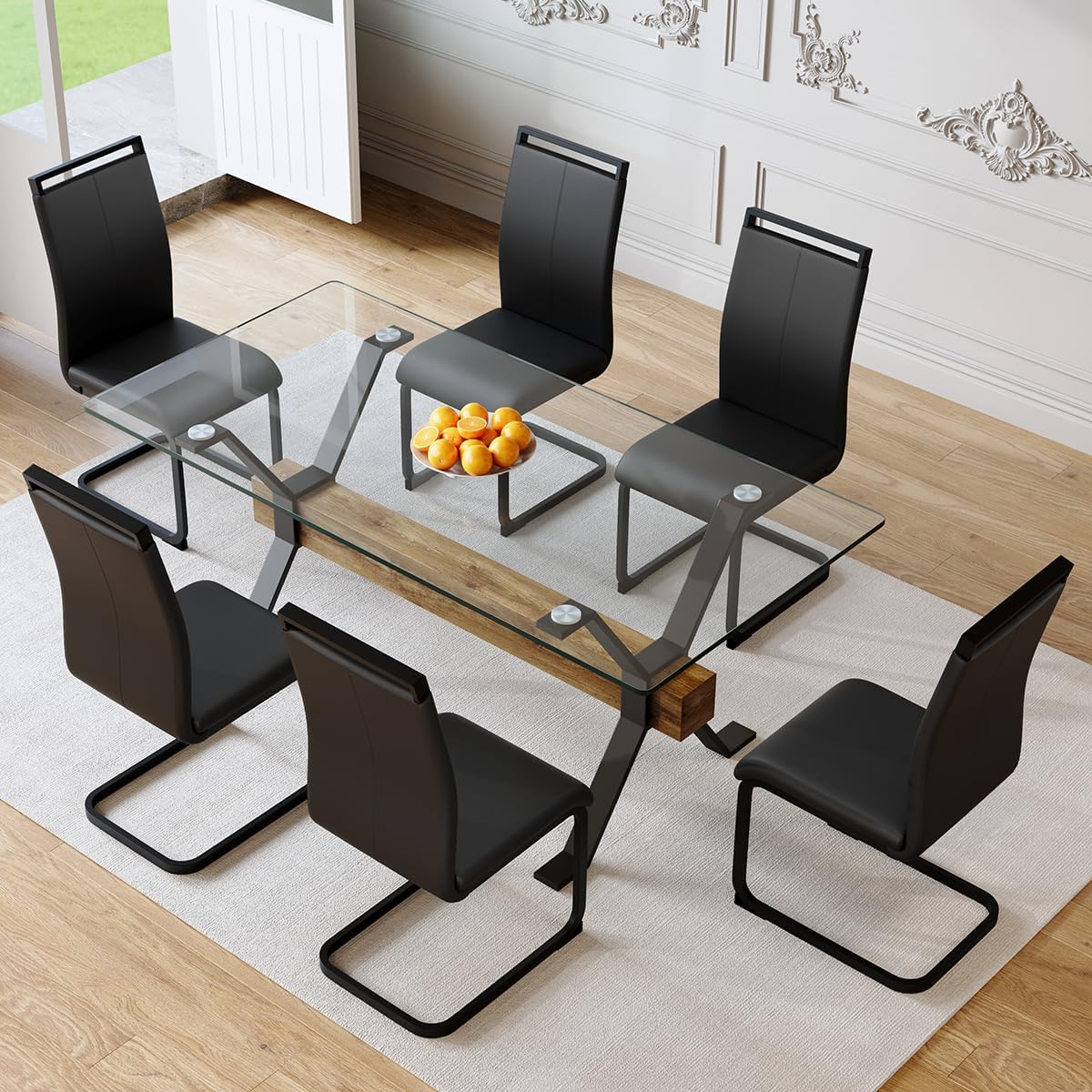 71" Glass Dining Table Set for 6, Modern Dining Table Set for 6, 0.4" Thick Tempered Glass Tabletop with Matte Black Metal Legs and Wooden Crossbar, 6 PU Chairs for Dining Room, Kitchen