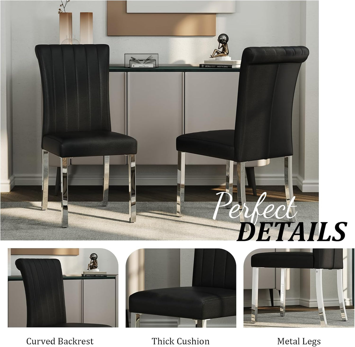ACEDÉCOR Modern Dining Chairs Set of 4, Black Leather Dining Room Chairs with Silver Stainless Steel Legs, Upholstered Chairs with High Back and Metal Chrome Legs for Kitchen/Living Room/Restaurant