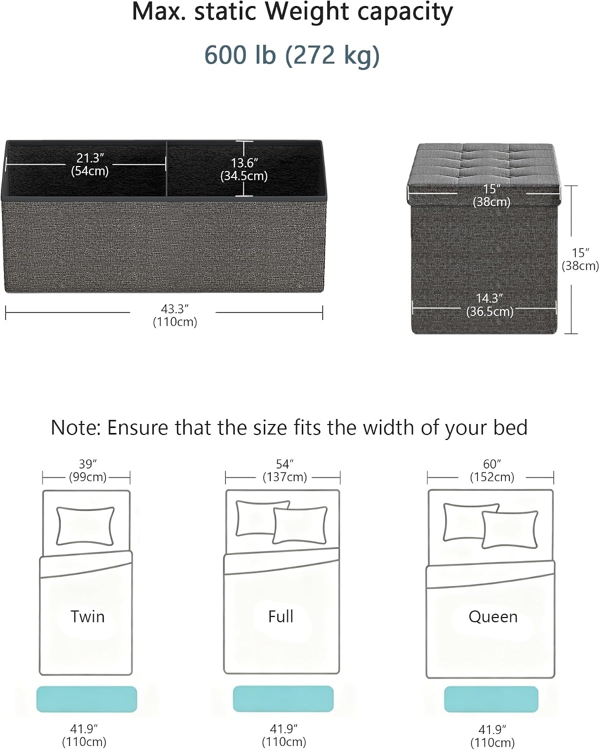 GLAXYFUR 43 Inches Folding Storage Ottoman Bench, Storage Chest, Grey