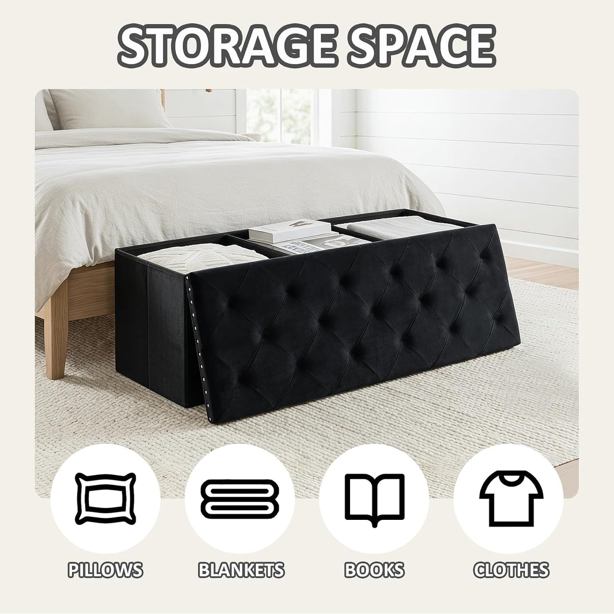 PINPLUS Folding Storage Ottoman Bench, Black Velvet | Large Storage Chest with Padded Seat, Footrest Stool and End of Bed Bench for Bedroom, Living Room and Entryway