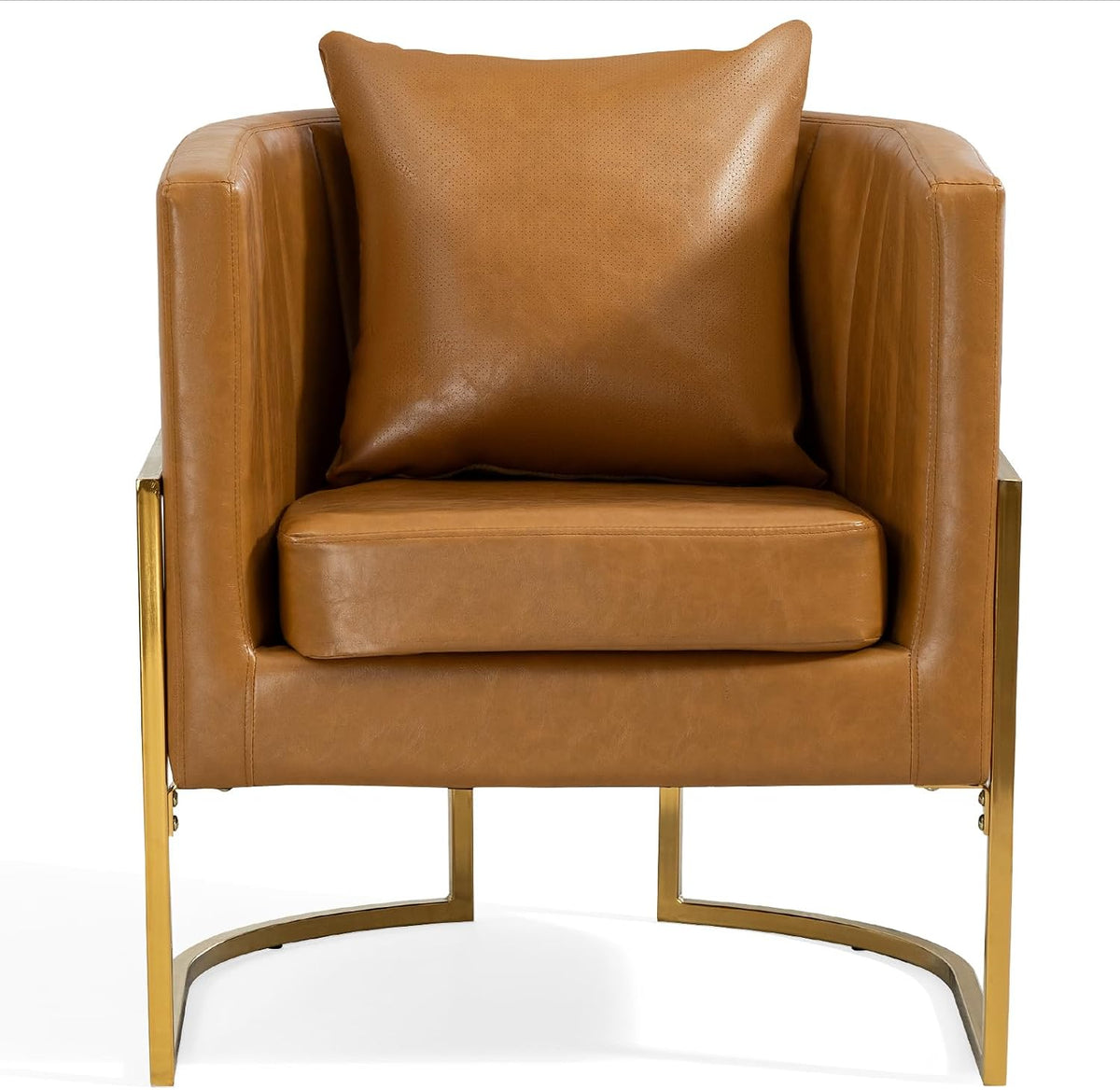 Leather Accent Chairs Set of 2, Mid Century Modern Upholstered Barrel Armchair with Pillow for Living Room, Comfy Single Vanity Chair with Metal Gold Legs for Bedroom, Orange
