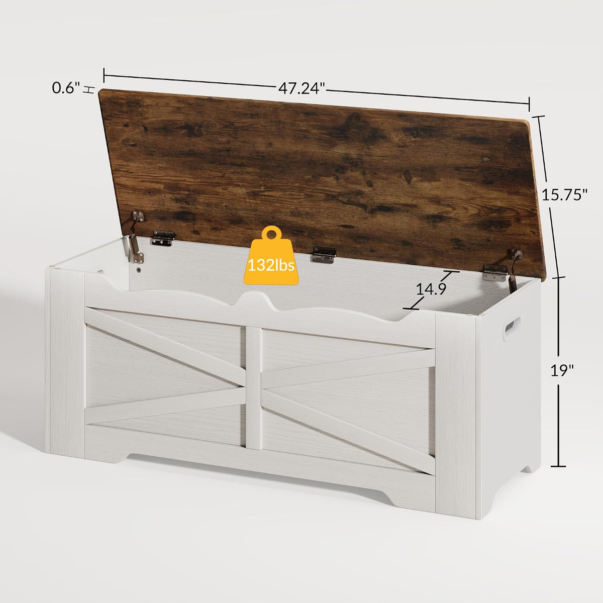 47.2" Wooden Storage Bench with 2 Safety Hinges, Flip Top Storage Trunk, 300lbs Load Capacity, Blanket Organizer Bench for Entryway Hallway Bedroom Living Room, White Walnut