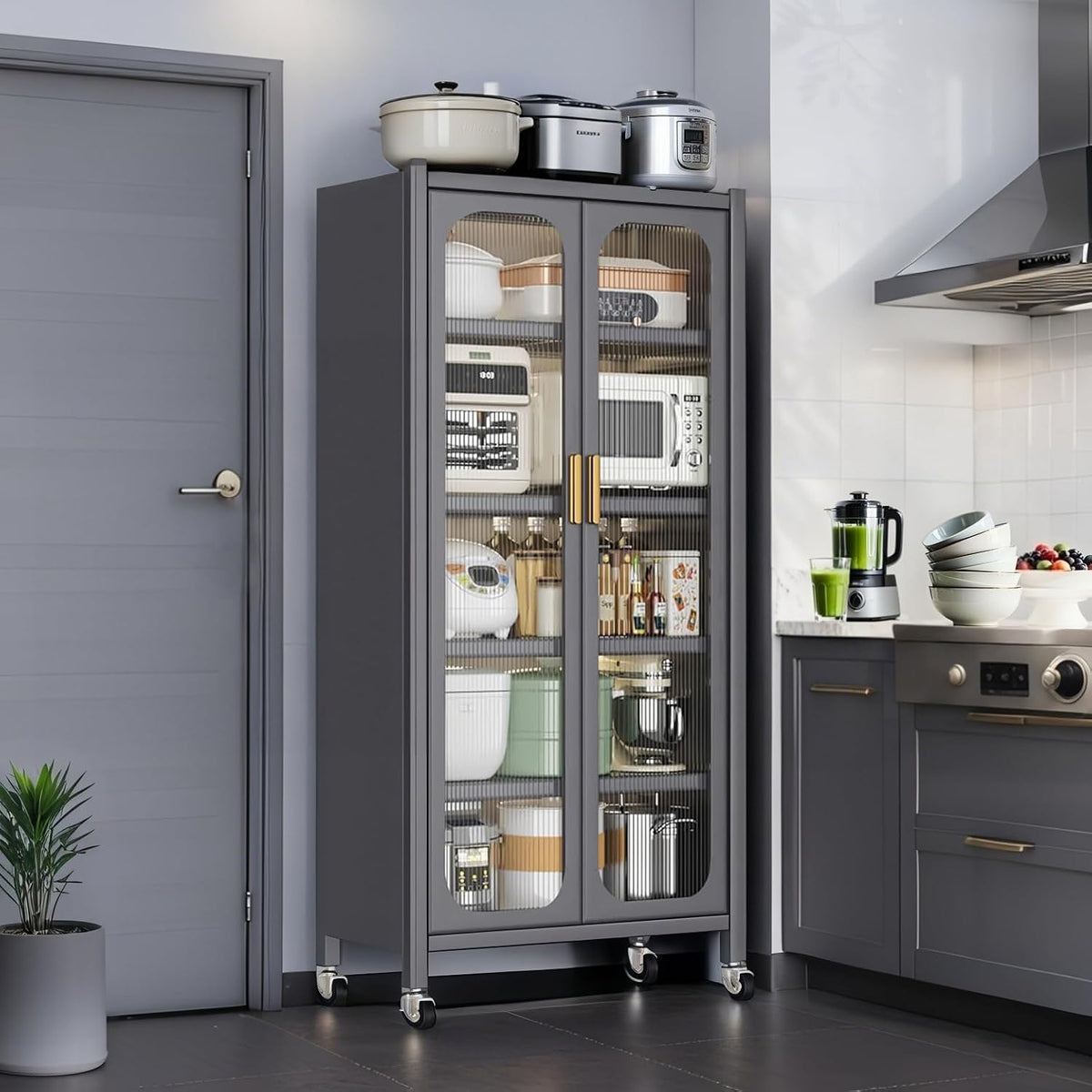 Spaco 65" Kitchen Pantry Storage Cabinet,5 Tiers Food Pantry Cabinet with Adjustable Shelves & Transparent Door,Metal Display Storage Cabinet on Wheels for Kitchen,Living Room and Dining Room. (Grey)