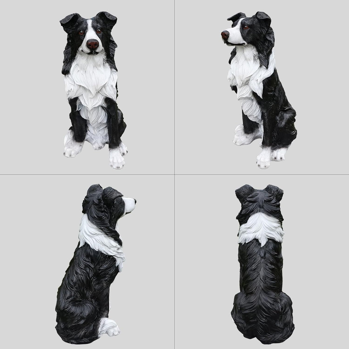 Border Collie Outdoor Dog Statue with Reversible “Welcome/ON Patrol” Plaque and Solar Path Lantern, Black & White Sitting Herding Dog Yard Accent