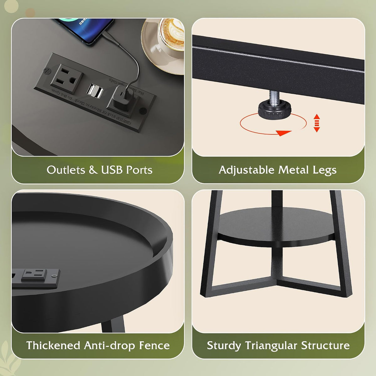 WLIVE Small Round Side Table with Charging Station, Round Coffee Table, 2 Tier End Table for Living Room/Bedroom, Sofa Couch, Easy to Assemble, Wood Tabletop & Metal Frame, Black