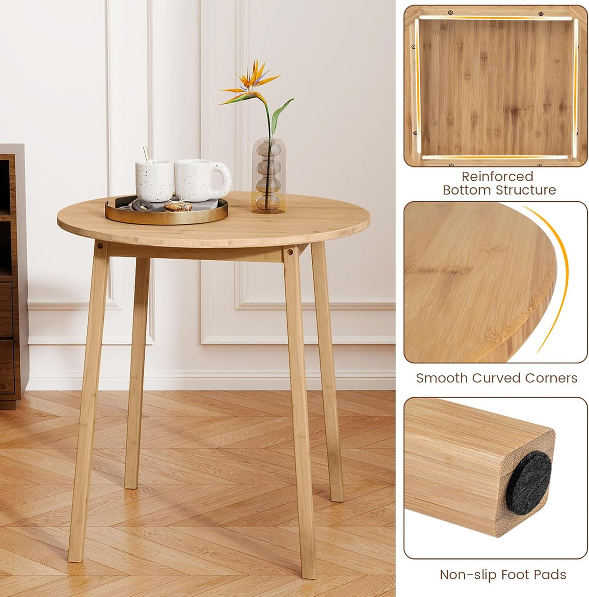 Giantex 27.5-Inches Bamboo Dining Table for 2-4, Round Dinner Tables with Non-Slip Foot Pads, Farmhouse Small Kitchen Table for Dining Room, Living Room, Dinette, Apartment (Round)