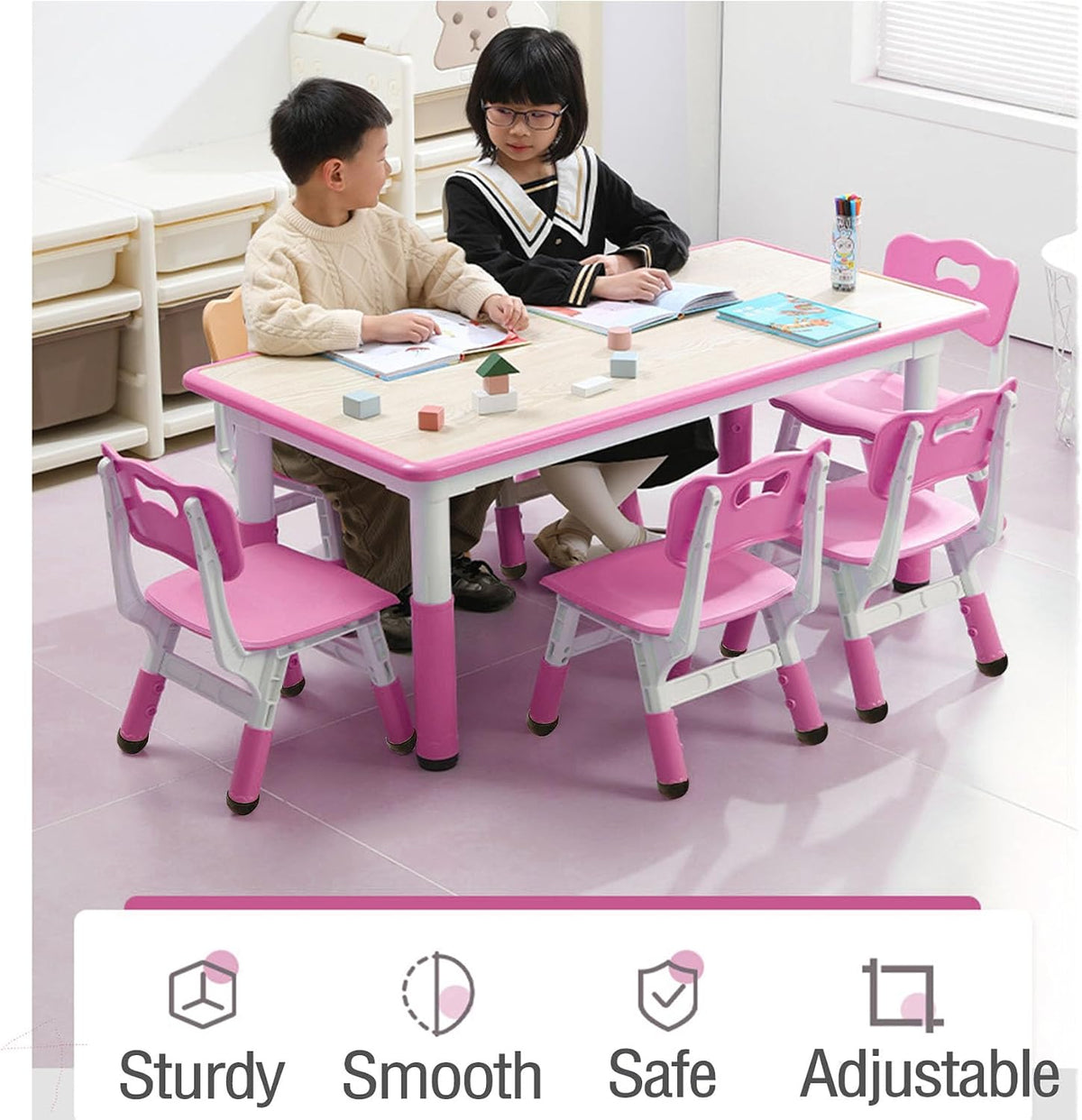 GarveeHome Kids Table and 6 Chair Set - Height Adjustable, Multifunctional Desk, Ergonomically Designed Chairs, Max 300 LBS, for Ages 2-10, Classroom, Daycares, Home