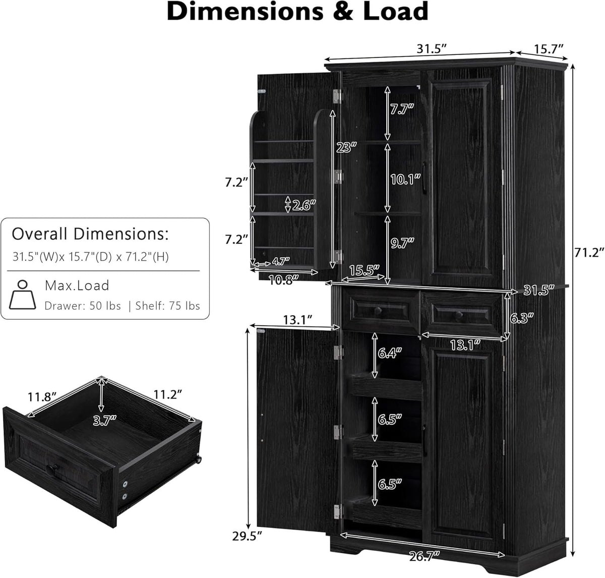 71" Tall Kitchen Pantry Cabinet, Freestanding Storage Cabinet with 3 Pull-Out Cabinet Organizers 6 Door Storage Shelves 2 Drawers, Farmhouse Embossed Texture Cupboard for Kitchen, Black