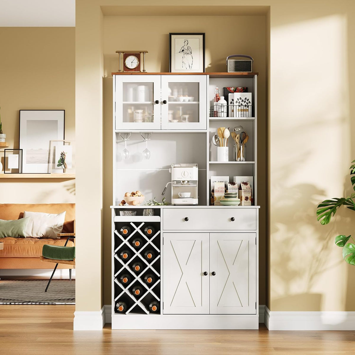 Takywep Contemporary Upright Storage Cabinet with Wine Bottle Rack | Built-in Outlet & Spacious Shelves – Multi-Functional Sideboard Credenza for Dining Area, Living Room, or Home Bar Setup