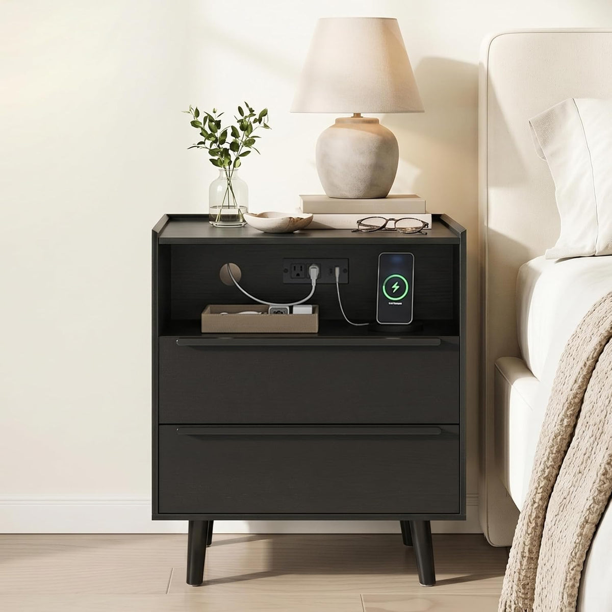 26 Inch Tall Black Oak Nightstands Set of 2 with Charging Station | Matching pair for a streamlined bedroom look; each 24 inch wide table has tray top, open shelf, and 2 drawers