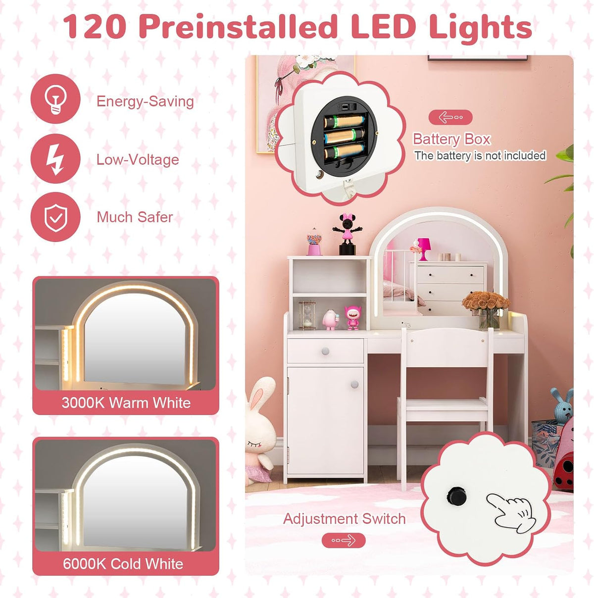 GLACER Kids Vanity, 2-in-1 Wooden Makeup Desk with LED Lighted Mirror, Drawer & Cabinet, Storage Shelves, Princess Dressing Table, Kids Vanity Table and Chair Set for Little Girls Ages 3+ (White)