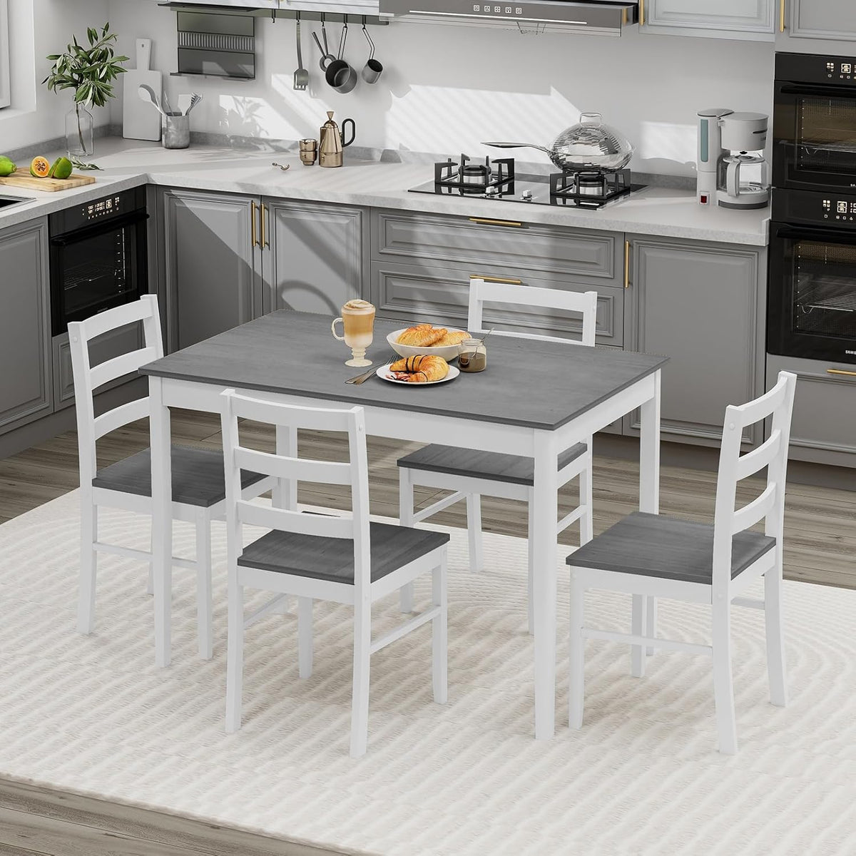 COSTWAY 5-Piece Dining Table Set for 4 w/Rubber Wood Structure, Grey | Spacious Tabletop, Anti-Slip Pads, Rubber Wood Legs, Space-Saving Design for Small Place, Apartment, Studio, Restaurant