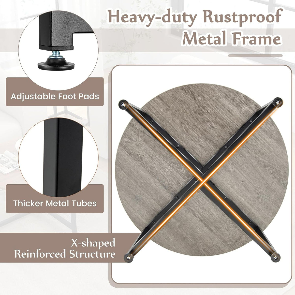 COSTWAY Coffee Table Set of 3, Wood Grain Round Coffee Table and 2 Square End Side Tables with Metal Frame, Modern 3-Piece Living Room Tables Set for Small Space, Apartment (Gray & Black)