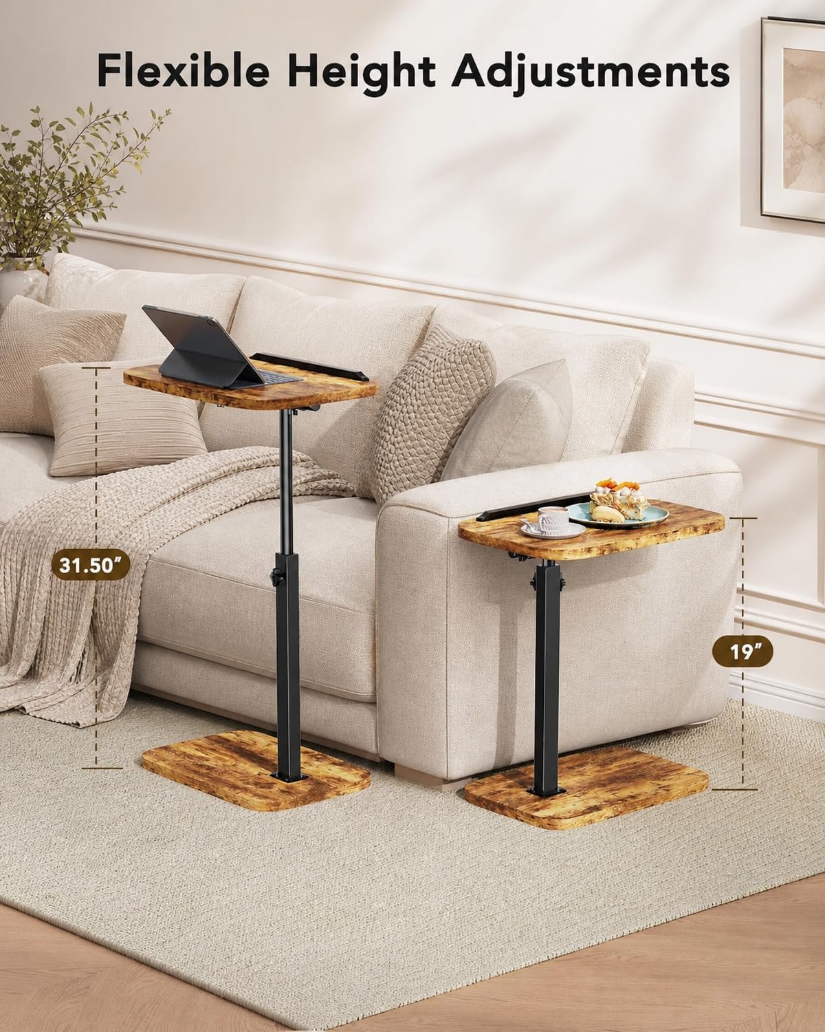 HUANUO TV Tray Table, Adjustable Height TV Tray with 360° Swivel & 90° Tilt Tabletop, TV Tables for Eating with Anti-Slip Bar, TV Tray for Bed, Sofa, Dining, Laptop, Living Room & Home Office