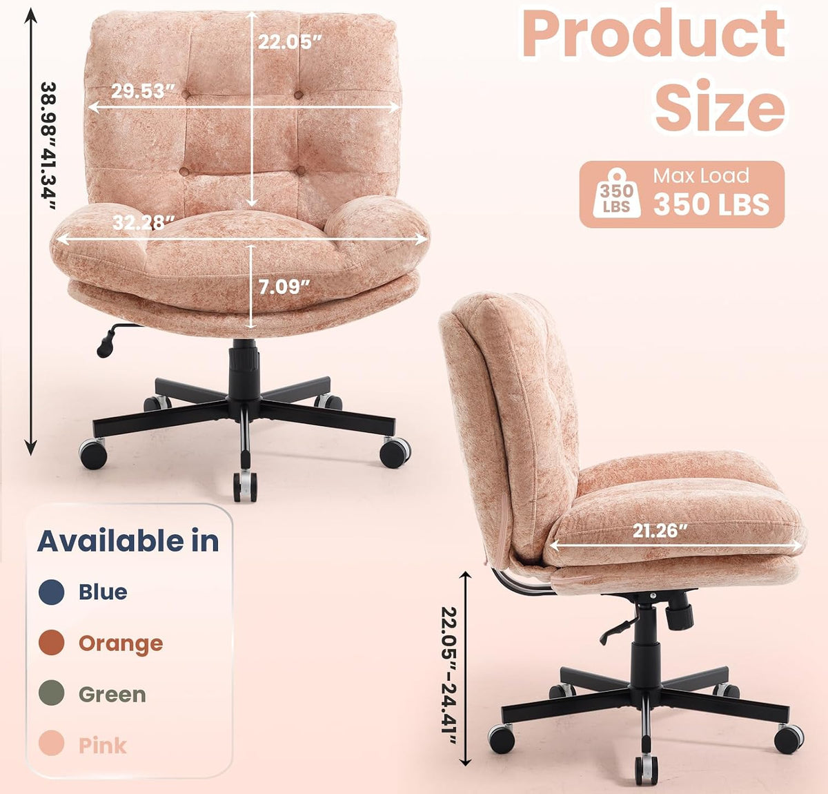 Wide Plush Comfy Criss Cross Rolling Office Desk Chair for Women Pink | 7.09" Thick Cushion, 90-130° Rocking, Height Adjustable, Swivel, Oversized Fabric Reading Chair for Living Room Bedroom