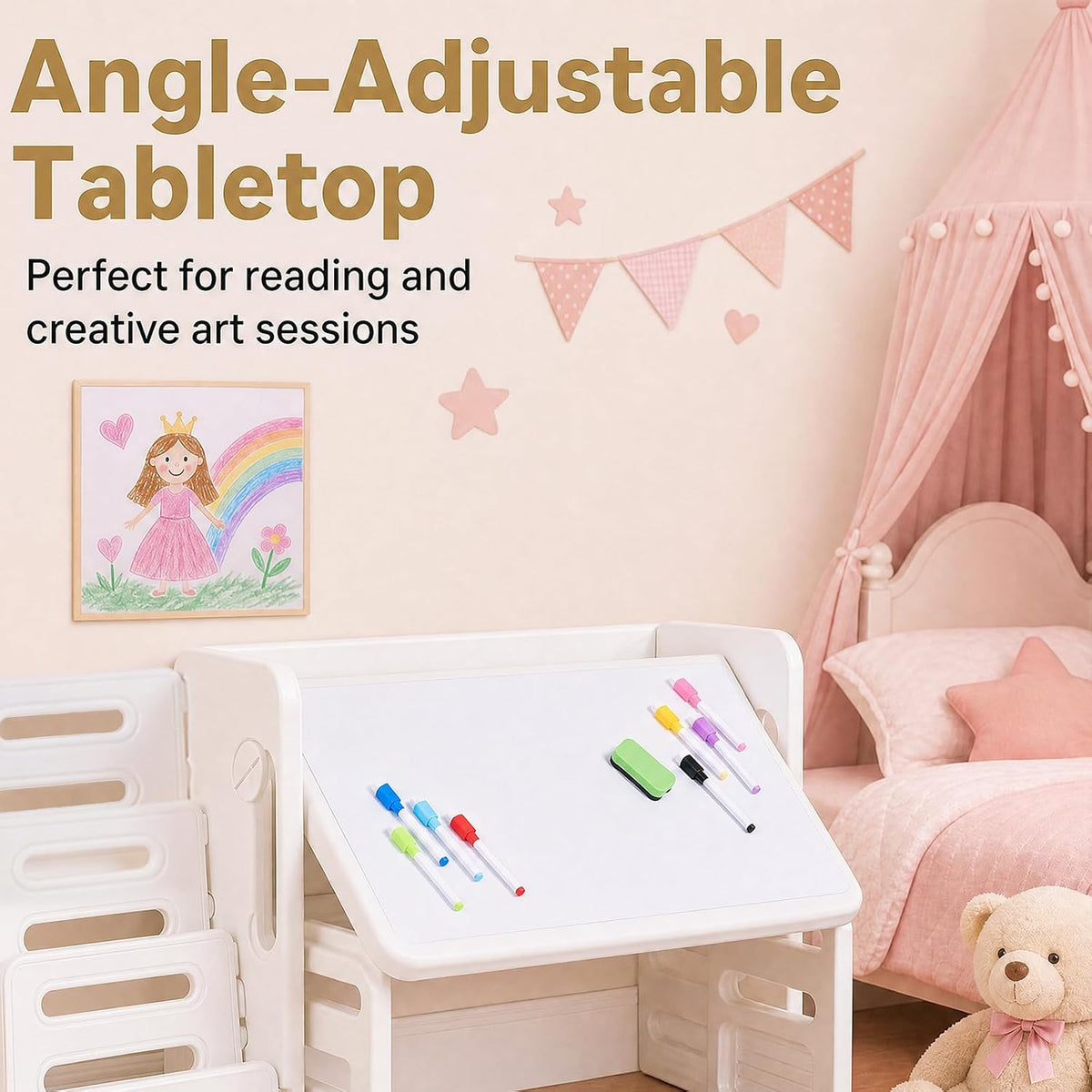 HONEY JOY Kids Table and Chair Set, Kids Art Table with Side Bookshelves | Toddler Activity Table with Erasable Whiteboard, Tiltable Desktop & Storage Baskets, for 3+ Years Old Boys & Girls