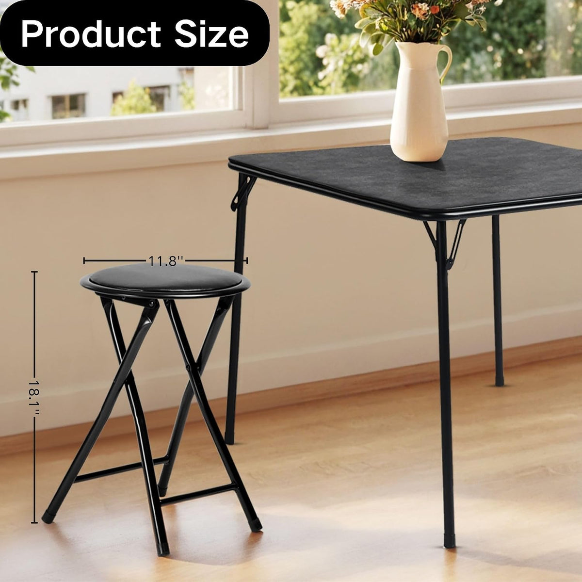 Homy Casa 18-Inch Backless Folding Stools with Soft Seat, Portable Waterproof Faux Leather Stools Foldable Chairs with Sturdy Frame for Indoor and Outdoor Use (Black, Set of 1)