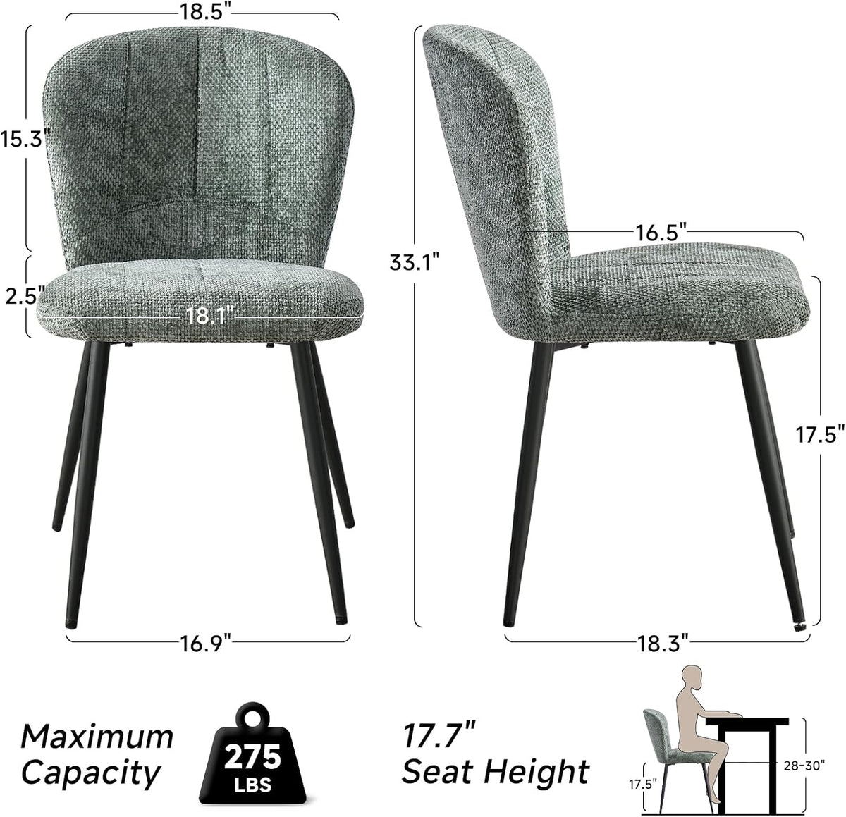 Green Chenille Dining Chairs Set of 4 Accent Chair for Kitchen | Modern Upholstered Chenille Fabric Accent Chairs for Dinner Living Room Curved Wingback Adjustable Feet(Only Chairs)