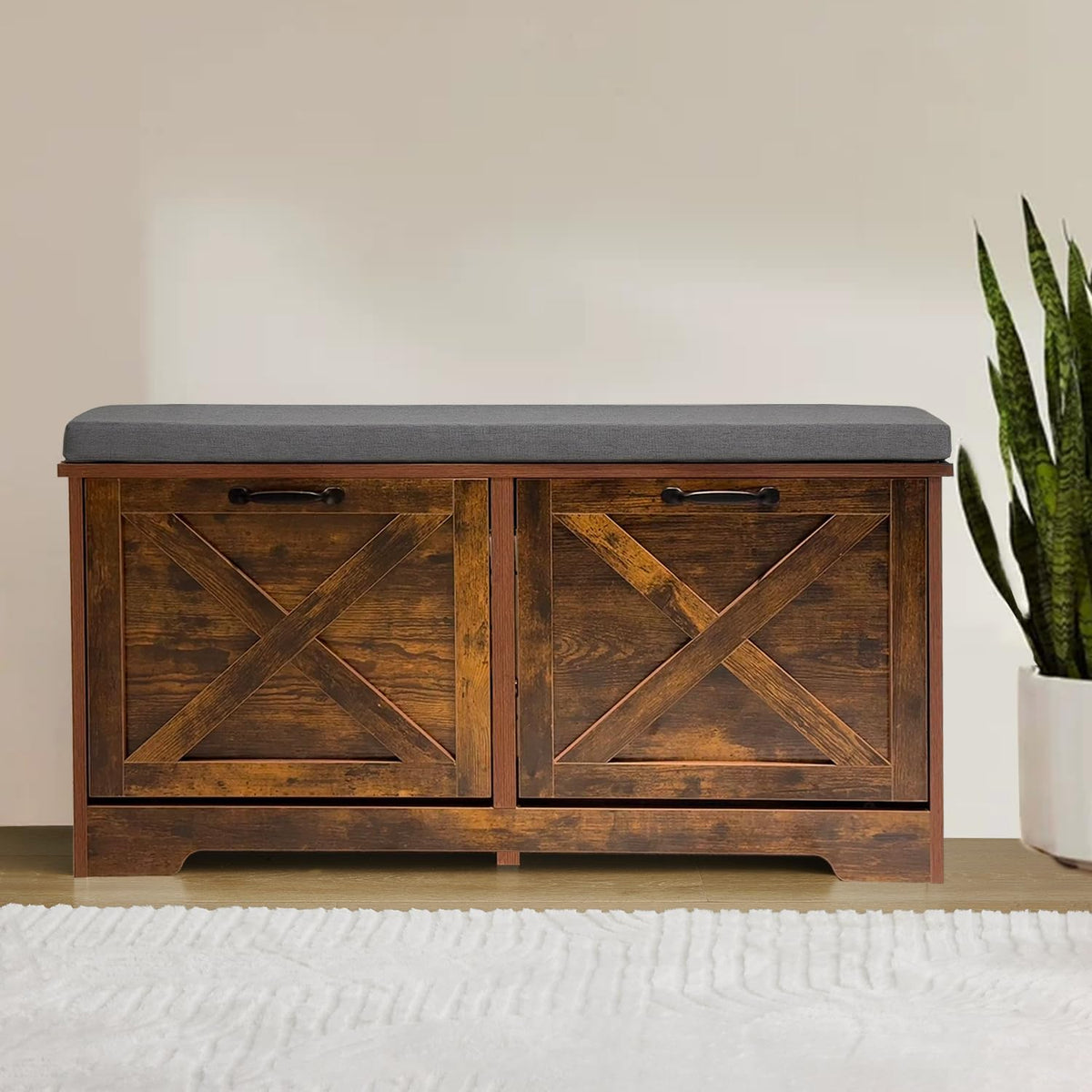 Shoe Storage Bench with 2 Flip Drawers & Barn Doors, Entryway Shoe Cabinet with Adjustable Shelves and Cushioned Seat,Shoe Organizer Storage Bench for Hallway, Living Room, Bedroom, Brown