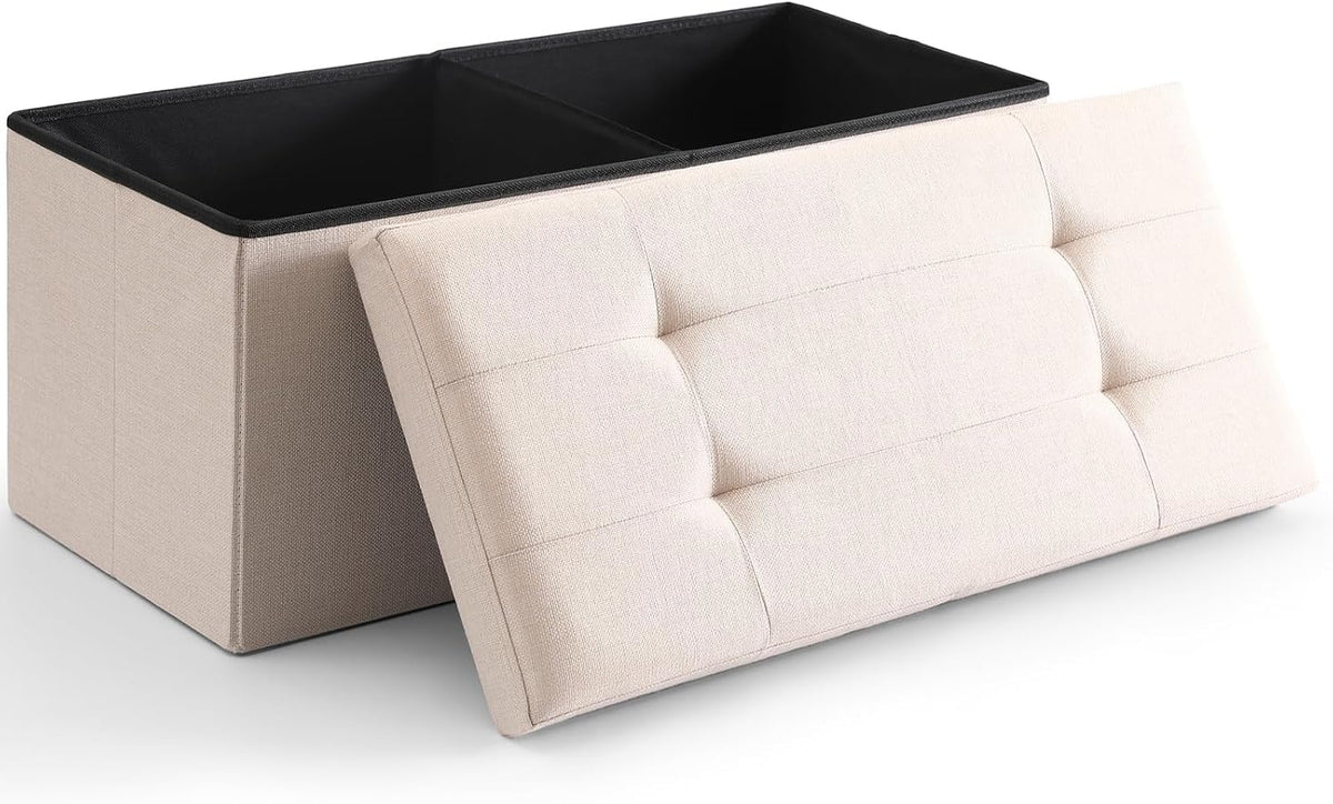 Storage Ottoman Bench Foldable Footrest Foot Stool, 30" Fabric Cream | Small Ottoman Foot Rest Seat Shoe Bench Flip-Top forliving Room End of Bed Bedroom Couch Dorm, 80L Folding Upholstered Chair