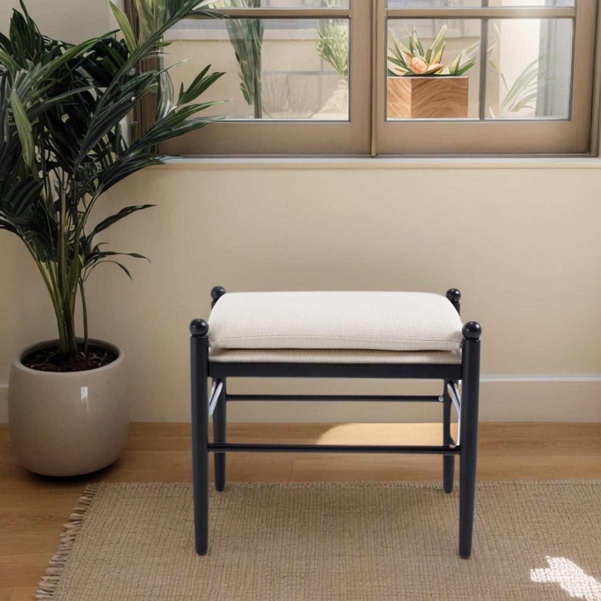 Ottoman Footrest, 19 Inch Upholstered Vanity Bench Seat, Backless Makeup Stool with Solid Wood Legs for Dining Room/Bedroom/Living Room/Entryway,Black Frame/White Linen