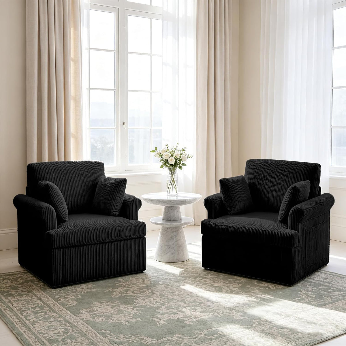 Garvee 39" Modern 360 °Swivel Accent Chair,Large Corduroy Accent Chairs with 2 Pillows,Comfy Upholstered Round Armchair Single Sofa for Living Room,Bedroom,Office,Reading,Black