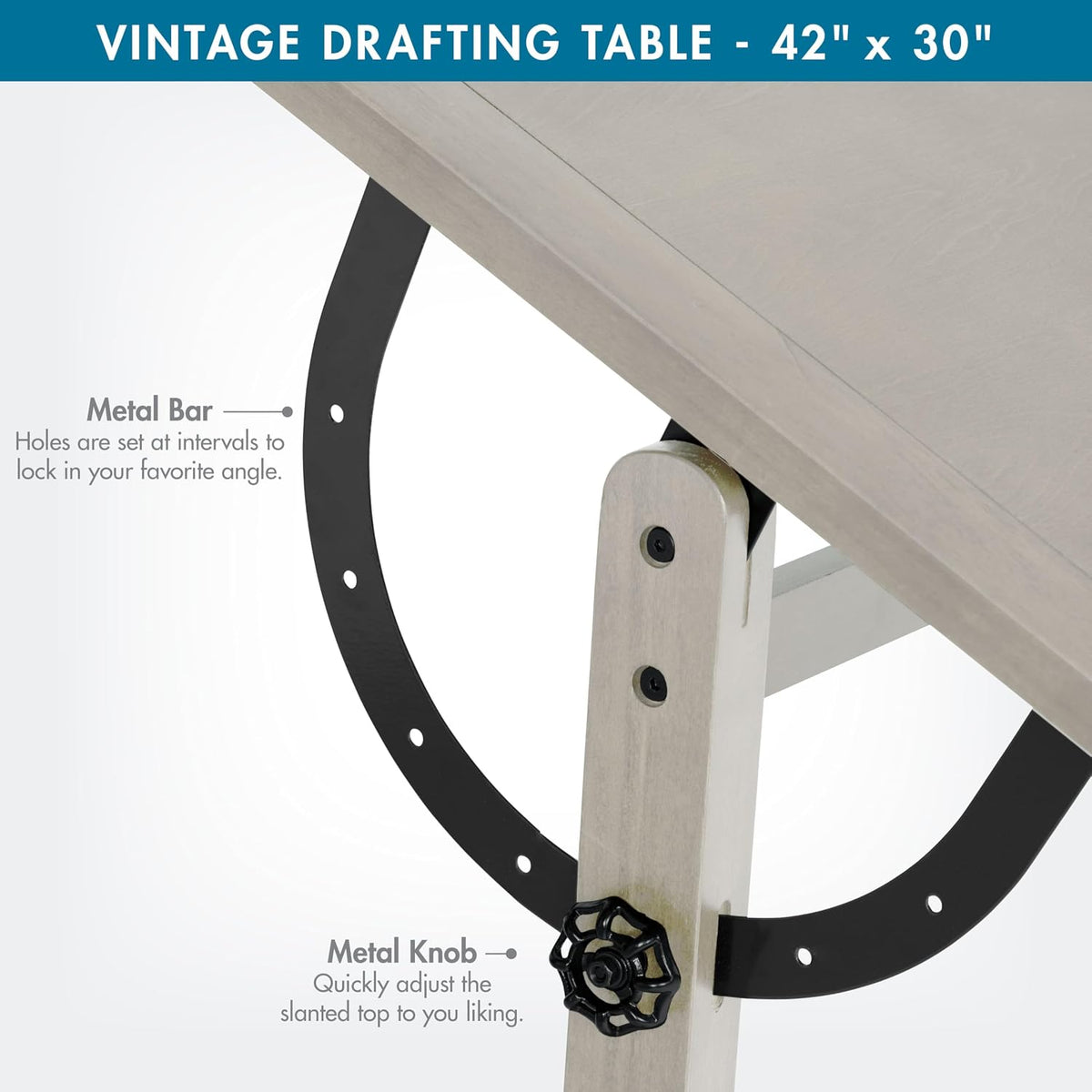 Studio Designs Wood Drawing/Drafting Table with Pencil Ledge - 42" W x 30" D - Whitewash - Tilting Top Adjustable Desk