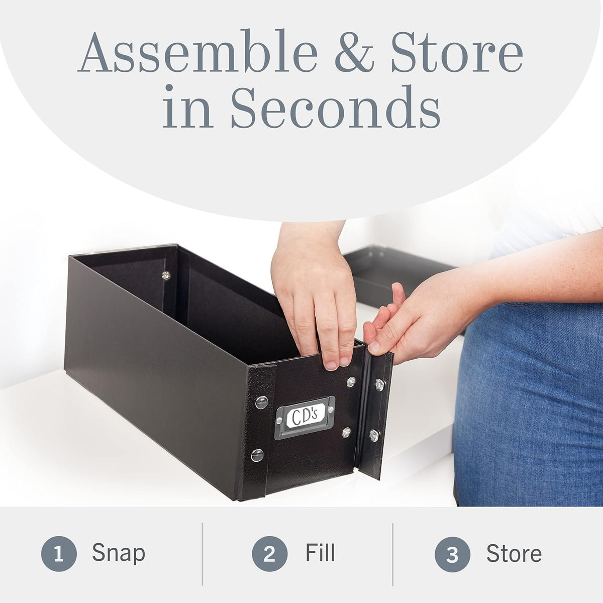 Snap-N-Store CD Storage Box - 4 Pack - Durable 5.1 x 5.1 x 13.2 Inch Disc Holders with Lids to Store up to 52 CDs - Black