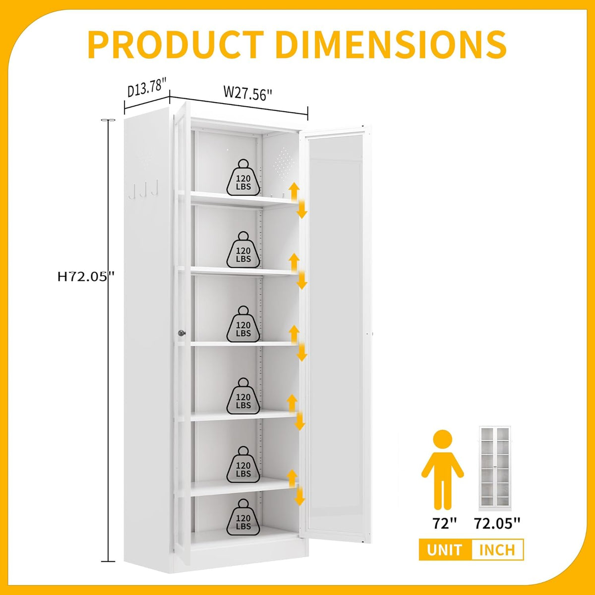 Kitchen Pantry Cabinet, 72" Tall Pantry Storage Cabinet with Adjustable Shelves and Glass Doors, Metal Storage Cabinets with Handle for Living Room, Kitchen, Assemble Required (White)
