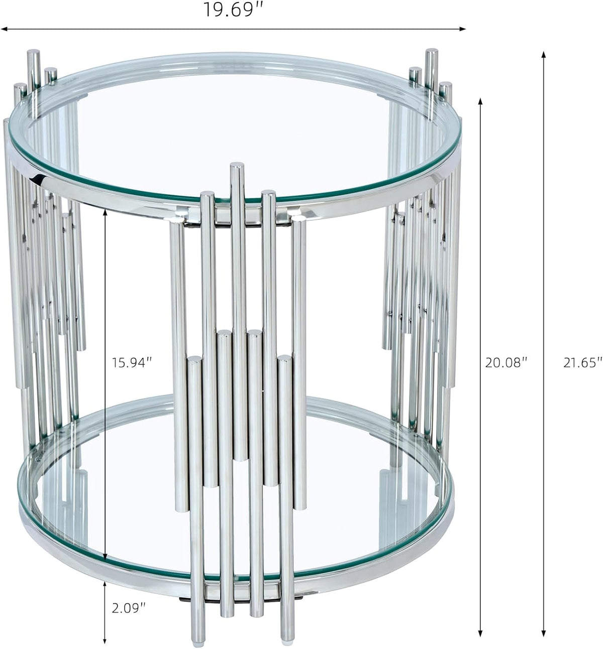 19.69” Round Glass End Table, 2-Tier Side Table with Clear Tempered Glass Top Silver Mirrored Stainless Steel Legs, Modern Luxury Nightstand Bedside Table with Lower Shelf for Living Room