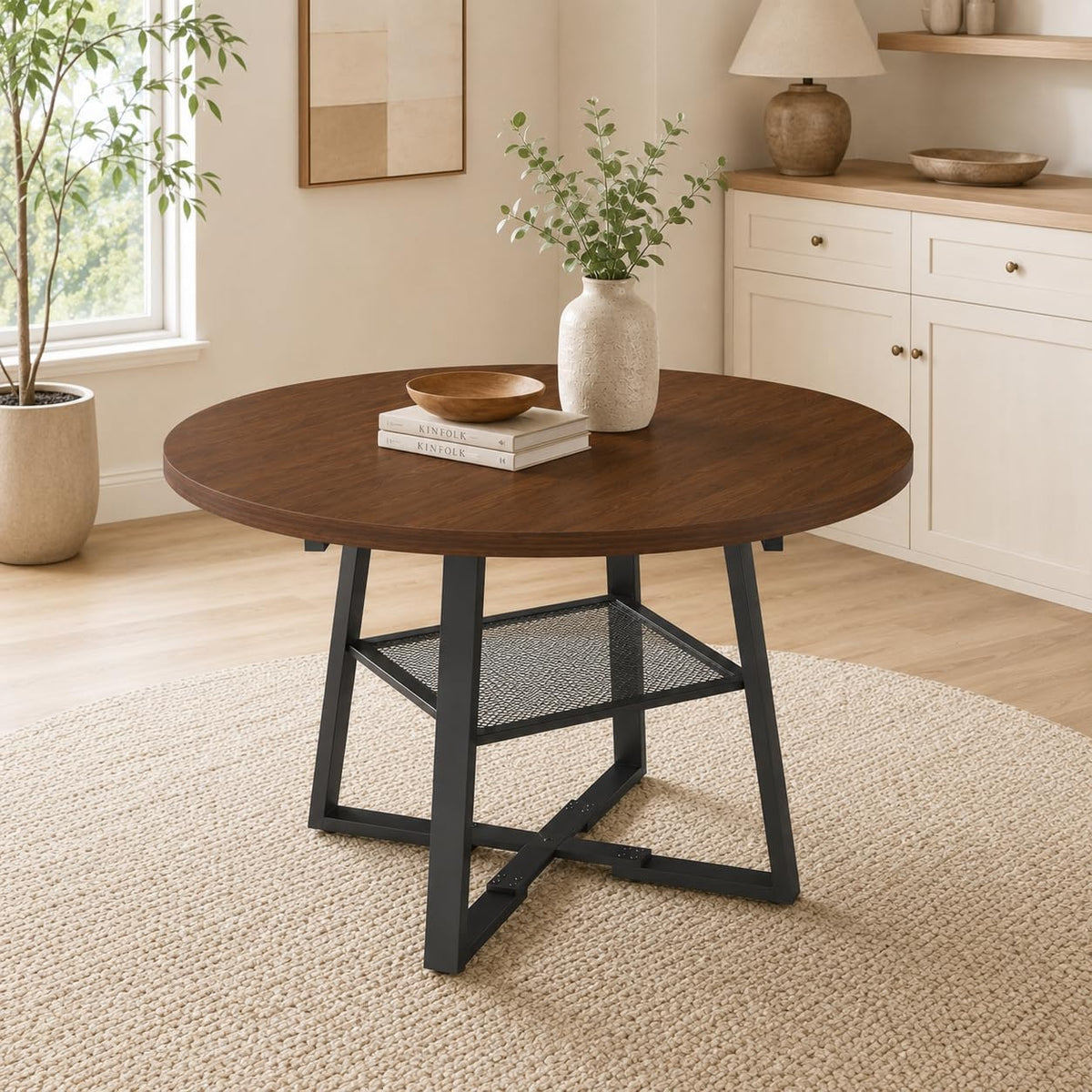 Round Extendable Dining Table, 47.2 to 59 Inch Kitchen Table for 4 to 6 People, Farmhouse Dining Room Table with Metal Mesh Storage Shelf, Walnut Wood Grain Top for Small Spaces Apartment