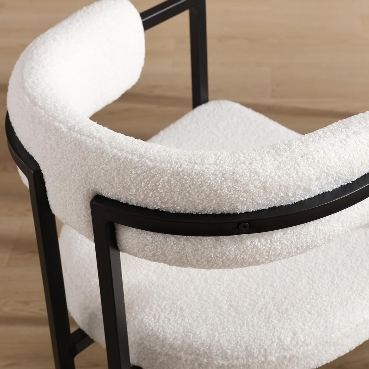 Barrel Dining Chairs Set of 2, White Boucle | Soft Boucle Upholstered Modern Dining Chairs, Ergonomic Curved Backrest, Black Metal Frame, Armchair, Kitchen Living Room