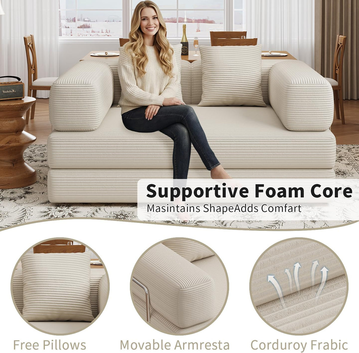 BSHOMGI 4 in 1 Convertible Sofas Couches, Modern Corduroy Futon Bed, Modular Sofa with Pull-Out Bed, LoveSeat for Living Room, Small Space Apartment (Beige, 53.15" Double Sofa)