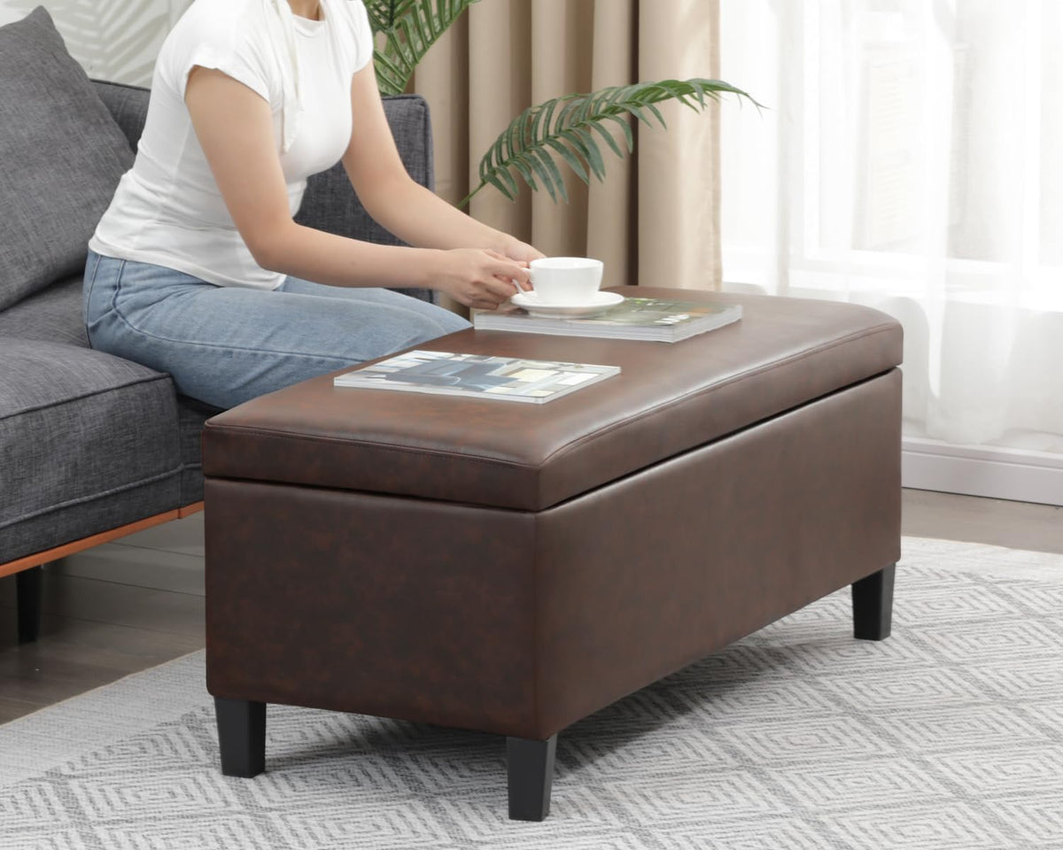 Adeco 42" Storage Leather Bench for Living Room – Black & Red Two-Tone End of Bed Storage Bench, Multi-Functional Top-Lift Coffee Table Ottoman with Storage for Bedroom or Entryway
