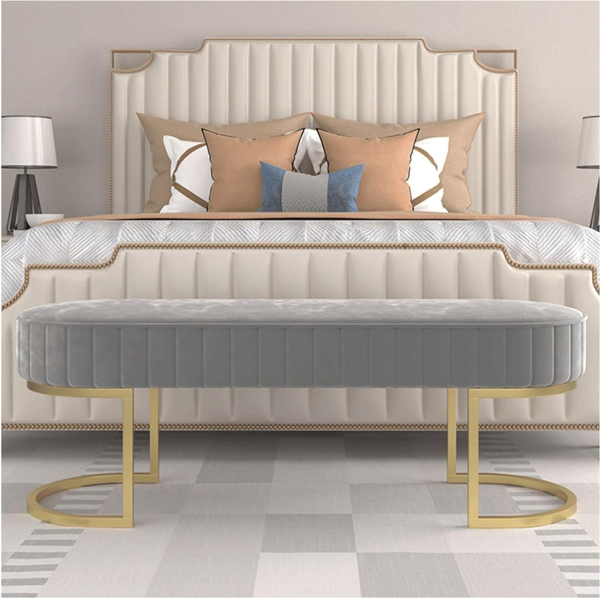 Modern Elegant Velvet Entryway Bench, Upholstered Tufted Bedroom End of Bed Ottoman with Gold Legs, for Living Room Foyer Entryway(Blue,120 * 40 * 45cm)