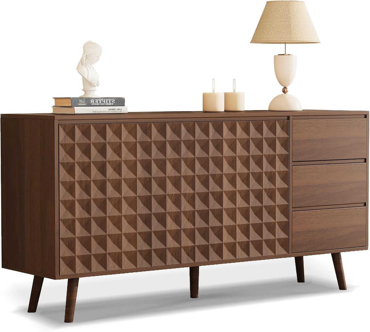 60" Buffet Cabinet with Storage, Sideboard Buffet Cabinet with 3 Drawers and 2 Doors, Mid Century Modern Coffee Bar Cabinet/TV Stand with Adjustable Shelves, Dark Brown