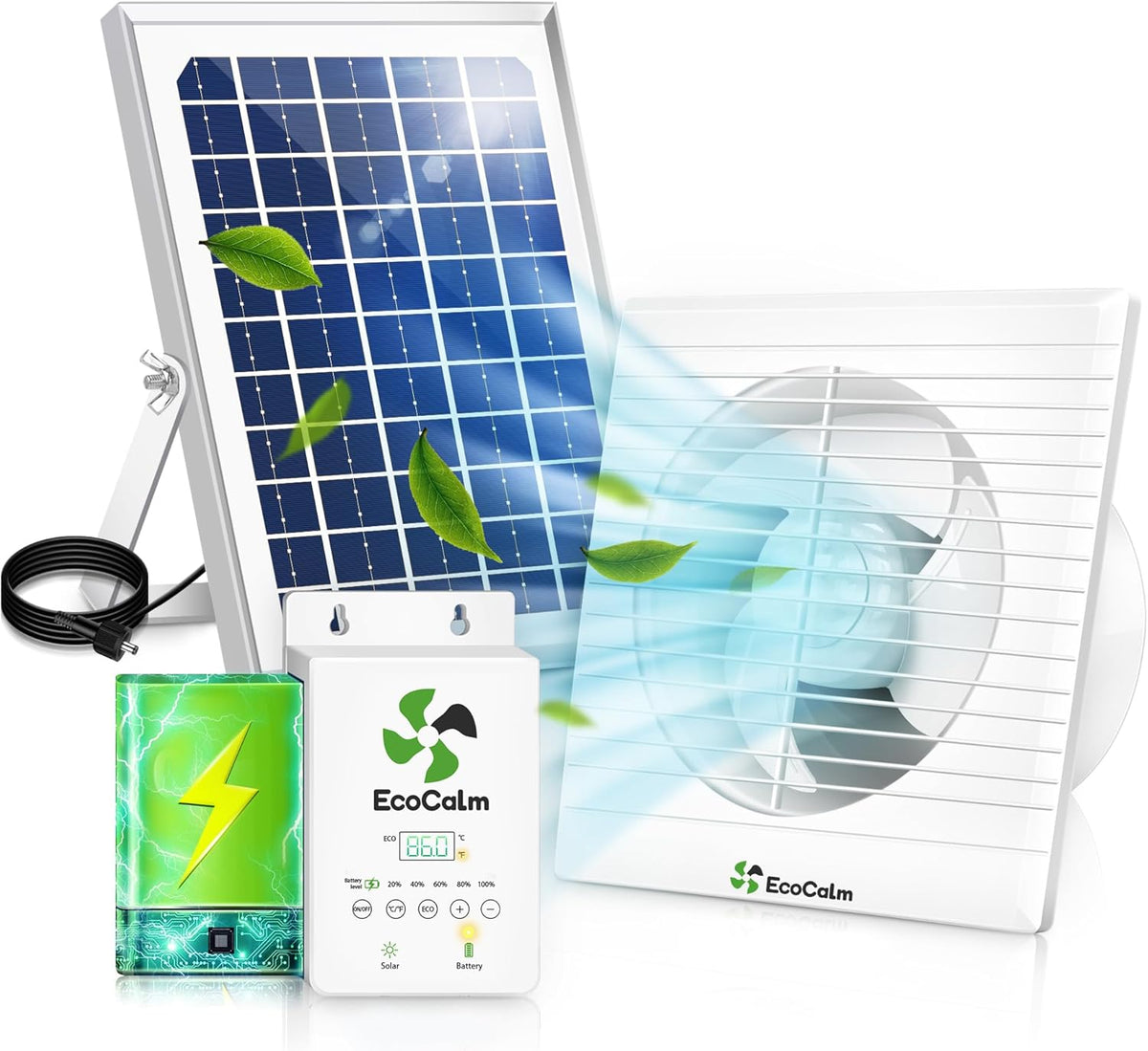 Solar Powered Fan with Battery and Adjustable Thermostat, 6“ Solar Fan for Chicken Coop with 12W Bifacial Solar Panel, Outdoor Greenhouse Exhaust Fan with Anti-backflow Valve
