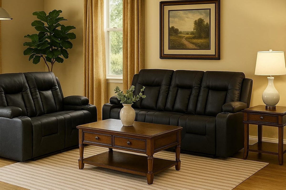 LUCKLIFE Faux Leather Recliner Sofa Set,Manual Living Room Furniture Sets | 3 Seat Reclining Sofa Couch and Loveseat with Cup Holders for Meeting Room,3+2
