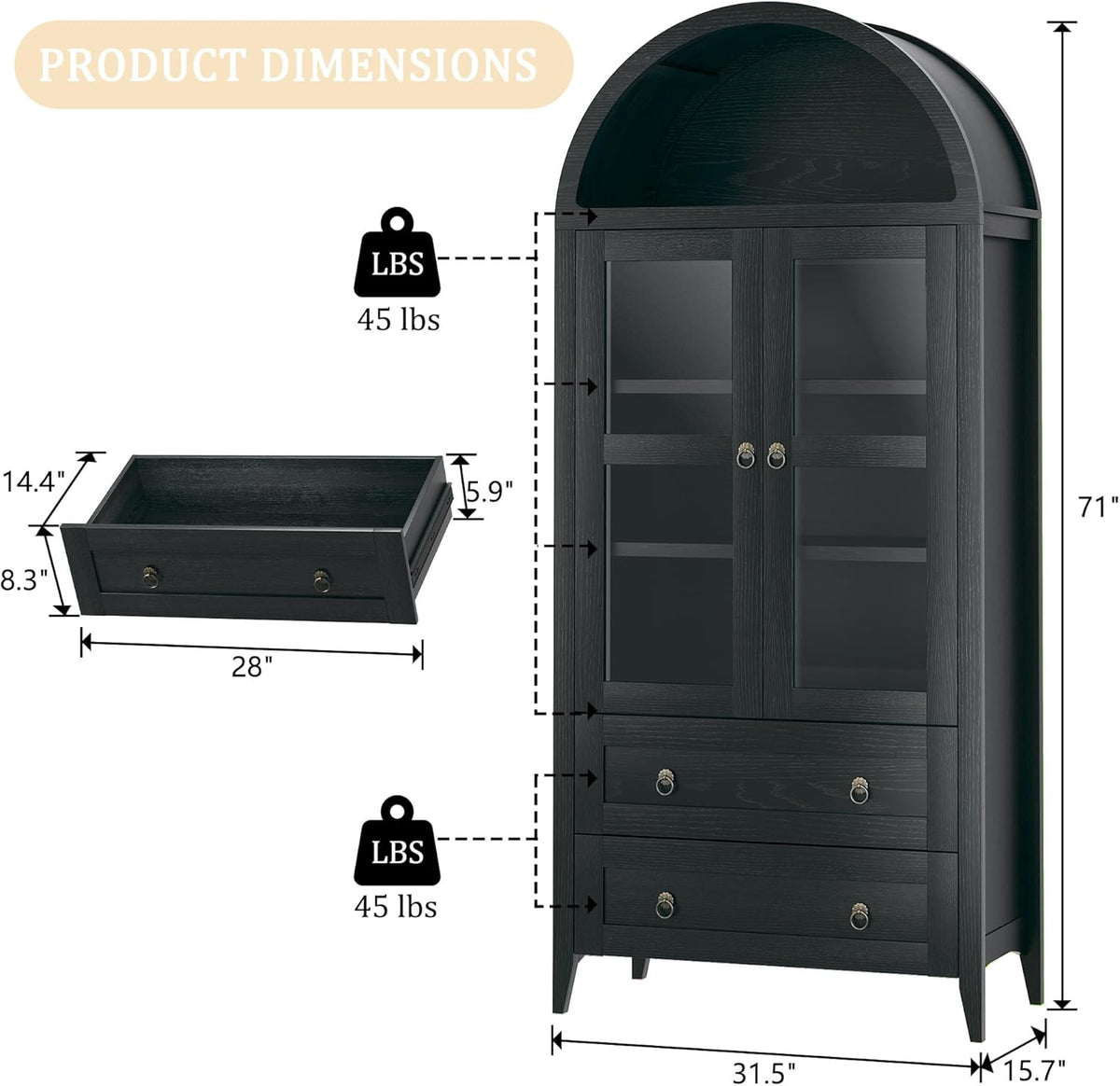 71" Tall Arched Kitchen Pantry, Pantry Cabinet, Kitchen Storage Cabinets with 2 Large Drawers & Adjustable Shelves & Glass Door for Living Room, Dining Room, Black