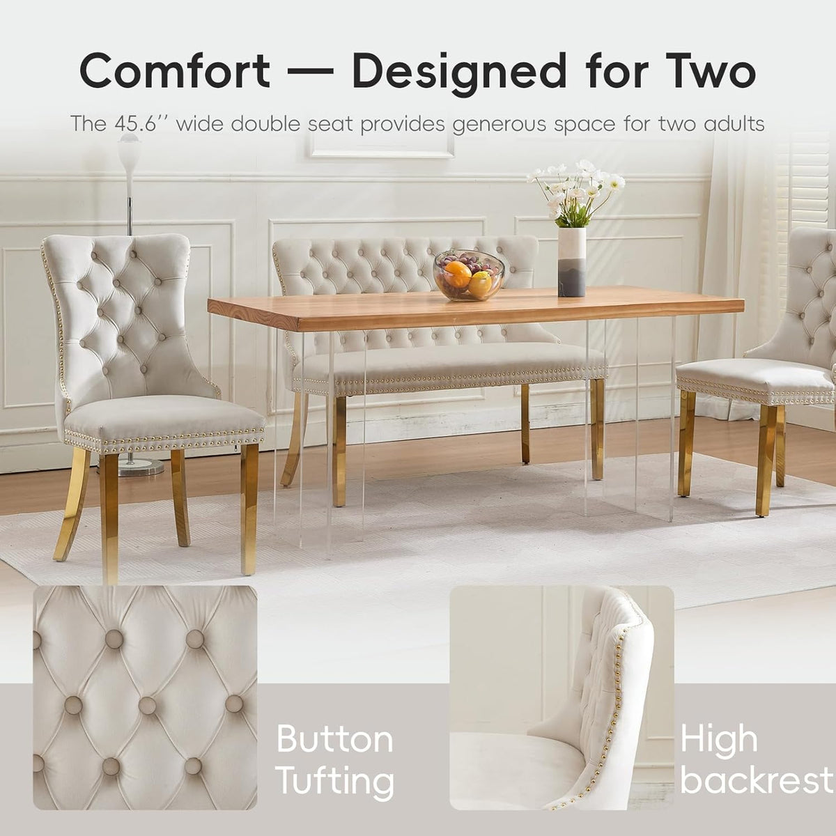 Velvet Double Dining Loveseat Bench with Wing Back, Tufted Upholstered 2-Seat Design,Golden Stainless Steel Legs, Modern Mid-Century Accent Seating for Dining Room, Kitchen, or Entryway (Beige)
