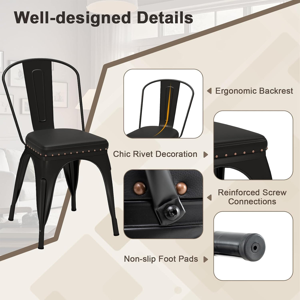 GIANTEX Metal Dining Chairs Set of 4, Stackable Armless Kitchen Side Chair with Detachable Backrest & PU Leather Padded Seat, Modern Dinette Chairs for Dining Room, Cafe, Restaurant, Bar (Black)