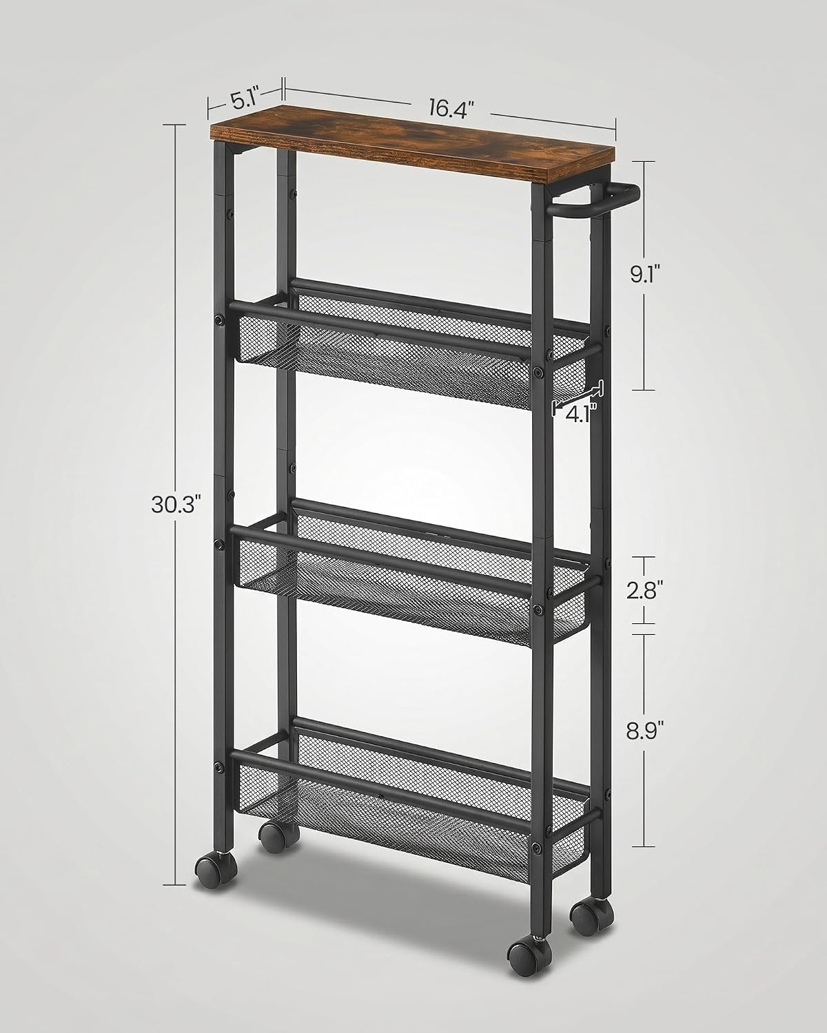 SONGMICS HOME Slim Rolling Cart, 4-Tier Storage Cart with Wheels and Handle, Narrow Utility Cart for Kitchen, Living Room, Brown and Black