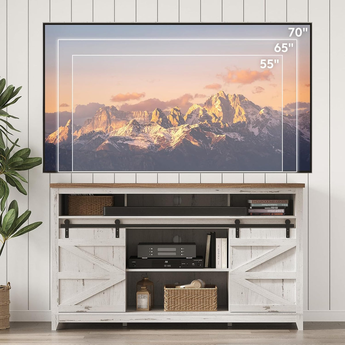 Lifewit Farmhouse TV Stand for up to 65" TV, Entertainment Center with Ajustable Shelves, Sliding Barn Door and Open Storage Spaces, TV Console for Living Room, Bedroom, Hold 300lbs, Rustic White