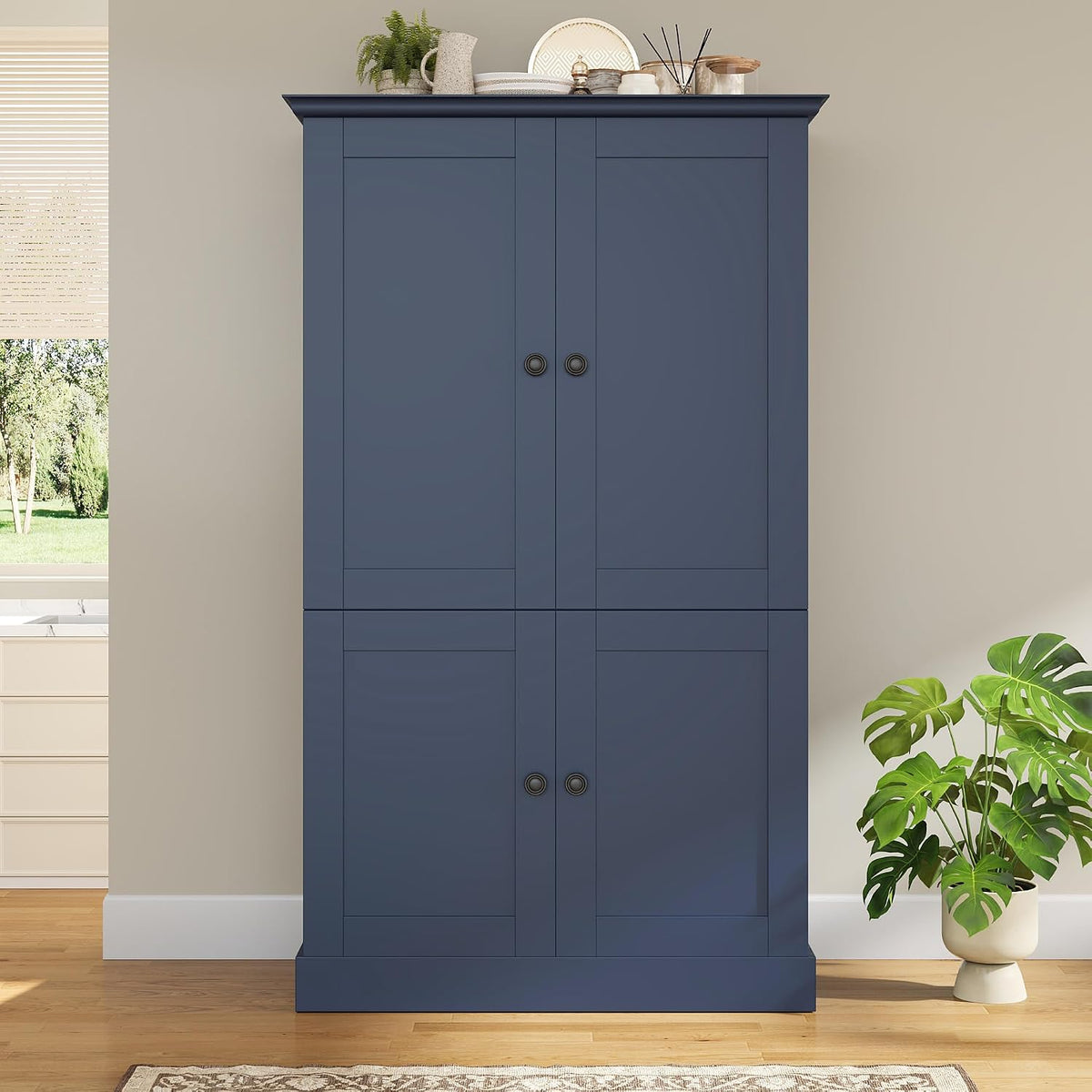71" H Large Kitchen Pantry with 4 Doors, Freestanding Buffet with 3 Drawers, 6 Door Shelves and 6 Wine Racks, Wooden Storage Cabinet with Adjustable Shelves for Kitchen, Dining Room, Blue