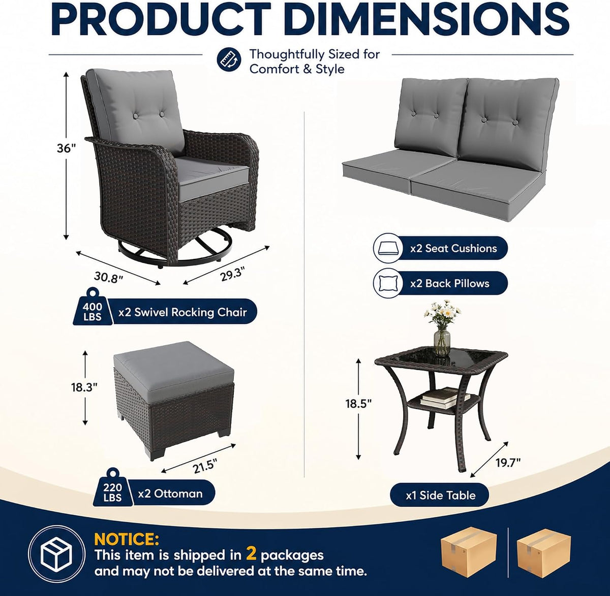 Gotland Outdoor Swivel Chairs Set of 2, 5 Pieces Patio Furniture Set with Ottomans Rattan Coffee Table Thick Cushion, Outdoor Swivel Rocker Wicker Patio Bistro Set for Balcony Porch, Grey
