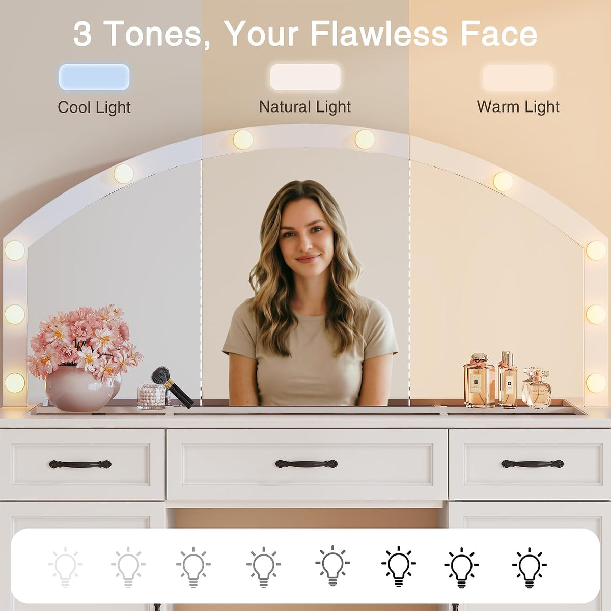 Vanity Table with Mirror and Lights, 55" Large LED Makeup Mirror with 3 Color Modes, Modern Dressing Table with Drawers and Cabinets, HD Glass Top Beauty Desk for Bedroom, Gift for Women