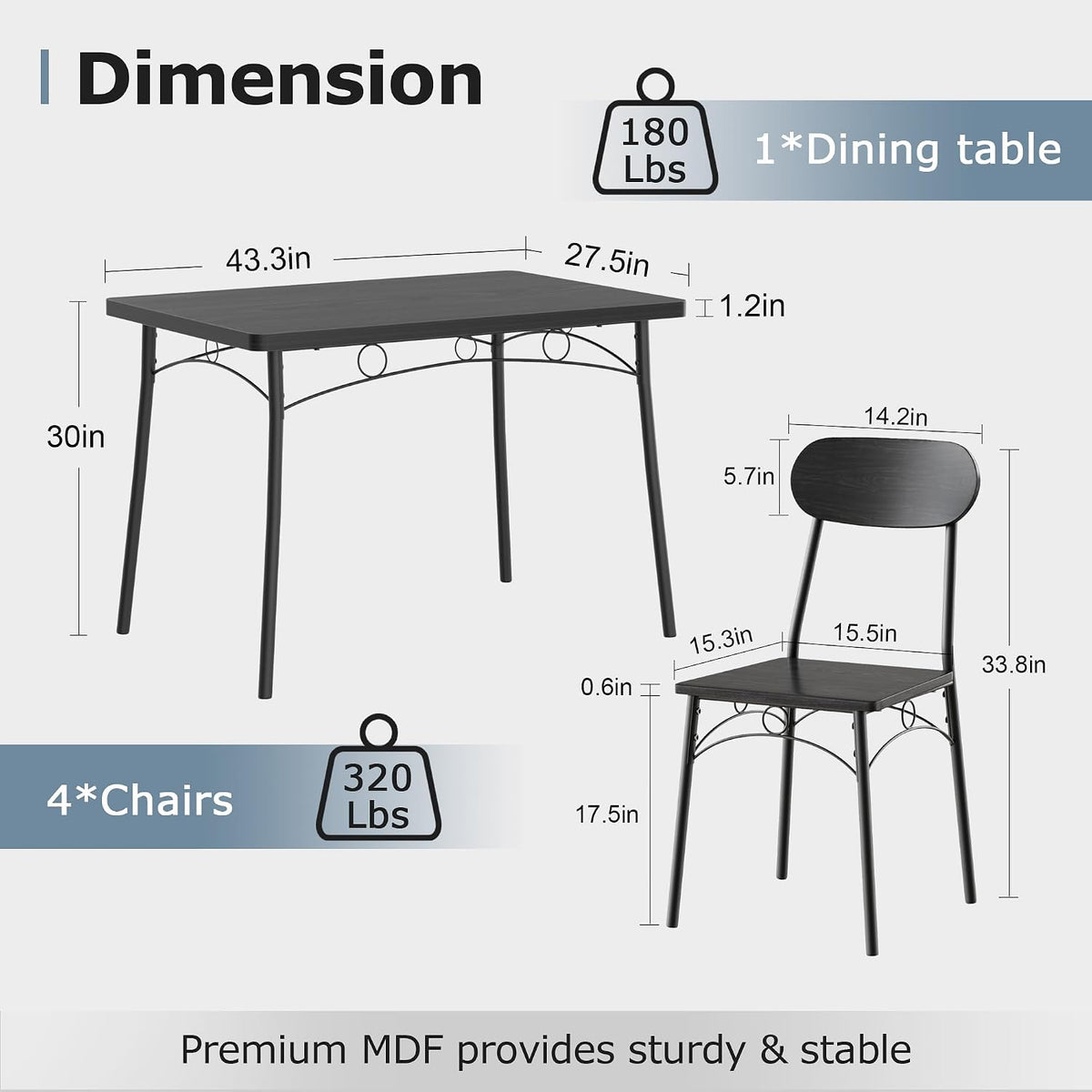 VECELO Dining Table Set for 4, 5-Piece Kitchen Table with 4 Chairs, MDF Board Tabletop with Metal Frame for Small Space, Compact Dinette, Breakfast Nook, Matte Black